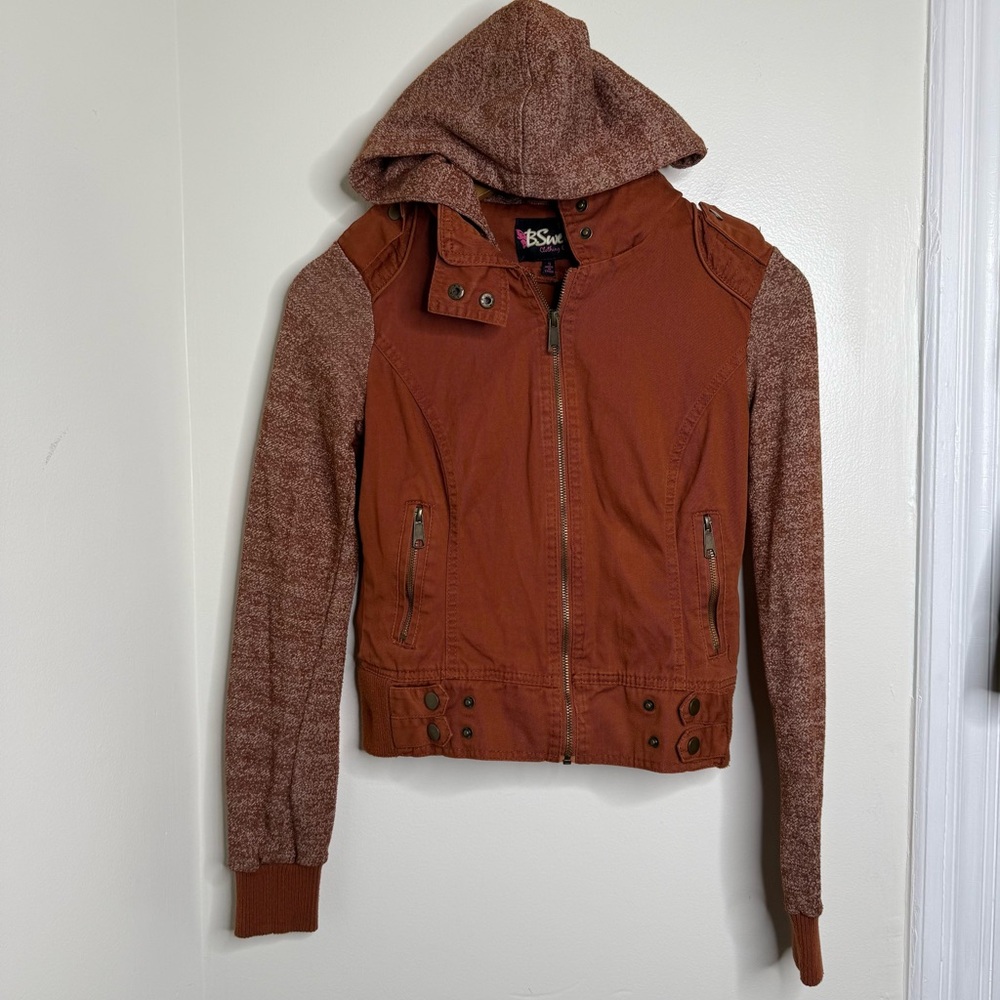 Y2K B Sweet Hooded Jacket Mixed Media Junior Size Small Rust? Color Zip Up 2000s